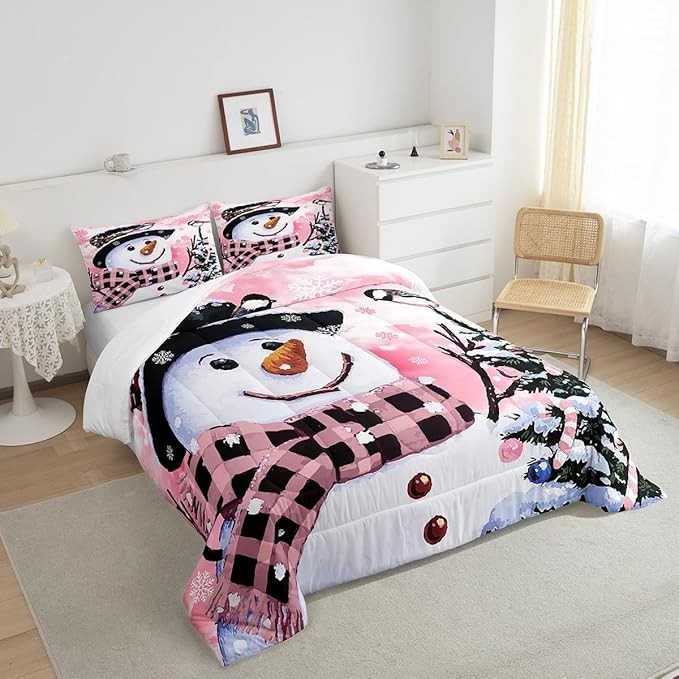 Feelyou Kids Christmas Theme Decorations Bedding Set Xmas Snowman Comforter Set for Boys Girls Snowflake Kawaii Cute Pink Bedroom Collection Twin Size