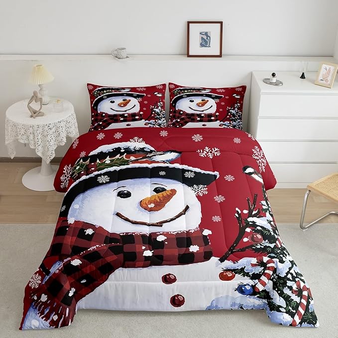 Feelyou Kids Christmas Theme Decorations Bedding Set Xmas Snowman Comforter Set for Boys Girls Red Bedroom Collection Queen Size