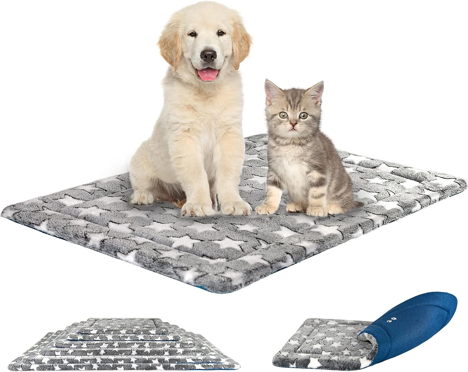KROSER Fancy Dog Crate Pad - Reversible (Cool & Warm), Machine Washable, Suitable for Small to XXX-Large Dogs, Grey, Navy, Star Pattern