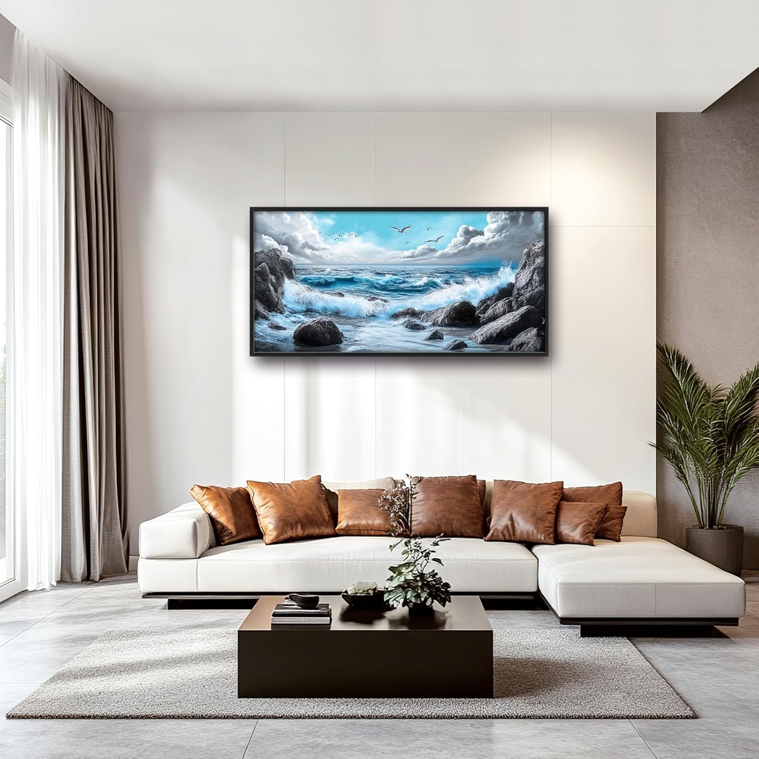 Extra Large Framed Abstract Sea Ocean Wall Art,Black and White Wall Decor, Coastal Seashore Pictures for Living Room,Canvas Print Painting Modern Artwork Bedroom Office Bathroom 60L x 30W