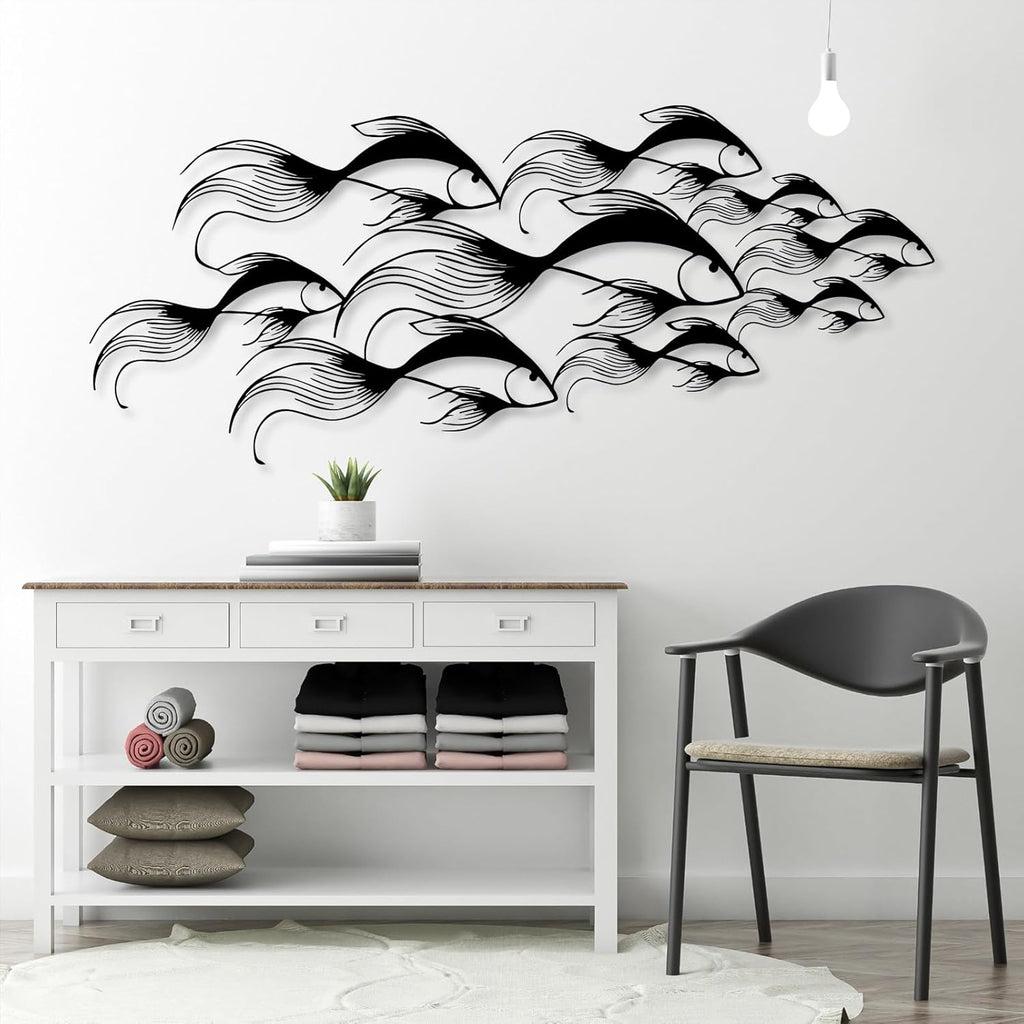 School of Fish Metal Wall Art, Metal Fish Wall Decor, Sea Life Wall Art, Large Nautical Wall Hanging, Modern Beach House Wall Decor, Ocean Themed Artwork for Bathroom (White, 53"x22" | 135x57cm)