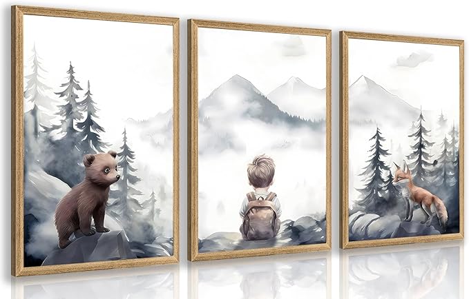 Cyebmo Woodland Boy Nursery Wall Art Set of 3, Whimsical Boy Adventure Wall Decor, Mountain Forest Animal Bear Fox Canvas Painting for Classroom Kids Room Baby Nursery Wood Framed 12"x16"x3