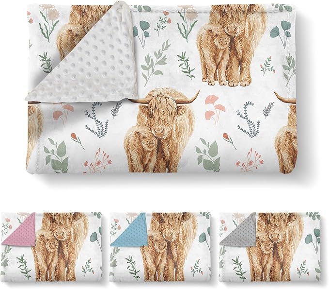 Personalized Baby Name Blanket for Boy Girl, Soft Flannel Blanket with Double Layer Dotted Backing for Infant Newborn, Nursery Crib with Floral Highland Cow Design, Gifts for New Mom(30”x40)