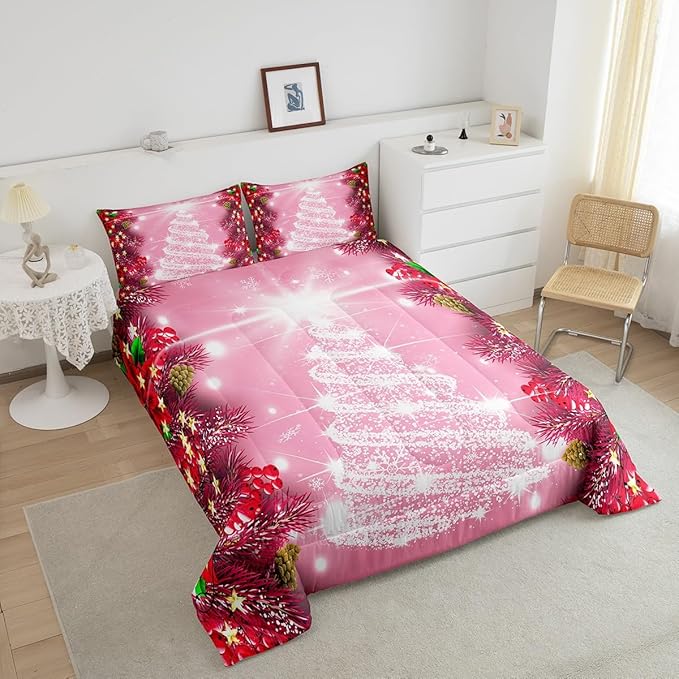 Feelyou Kids Merry Christmas Decorations Comforter Set, Kids Santa Tree Bedding Set Queen Size for Boys Girls Teens Xmas Christmas Bell Decor Comforter Glitter Pink Quilt Set