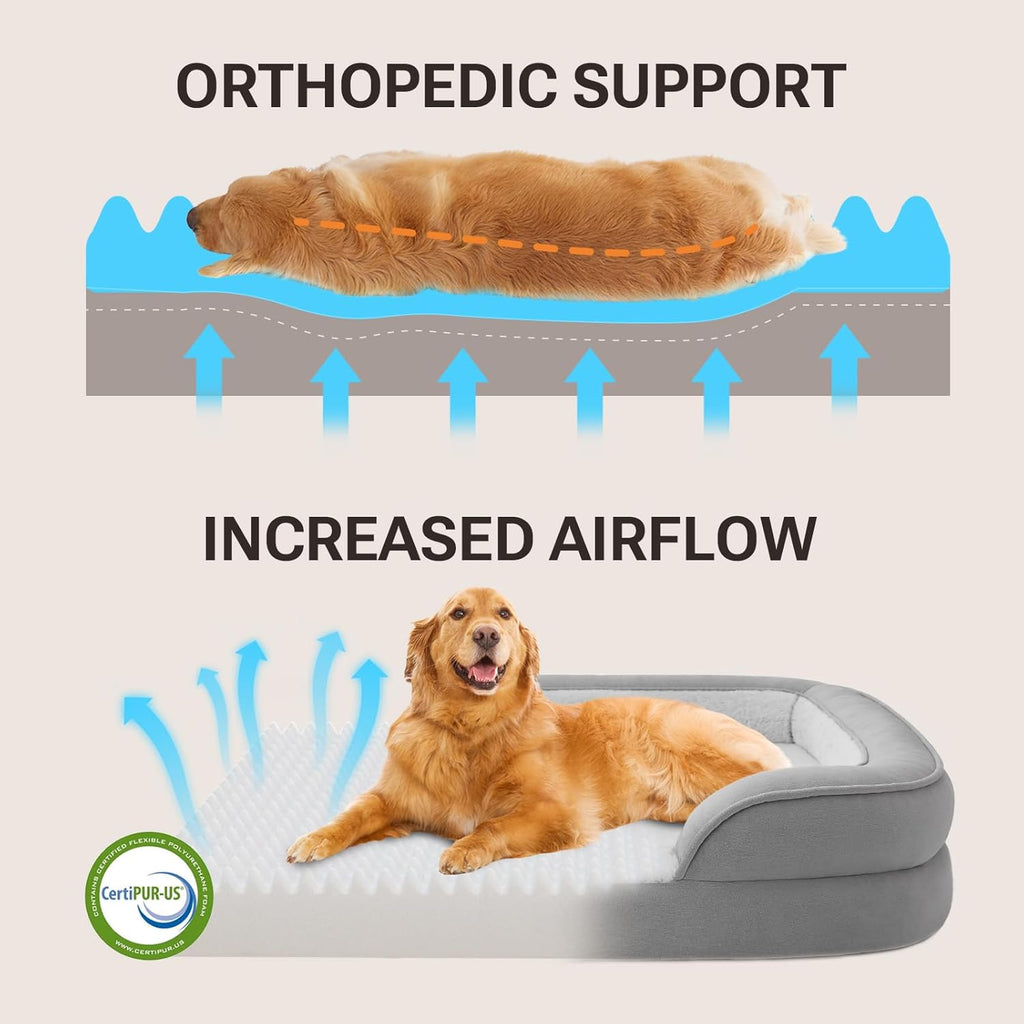 Soft Touch Orthopedic XL Dog Bed for Large Dogs with Faux Fur Top, Waterproof Pet Couch Bed with Removable Washable Cover and Supportive Foam Filling (Grey, Extra Large)