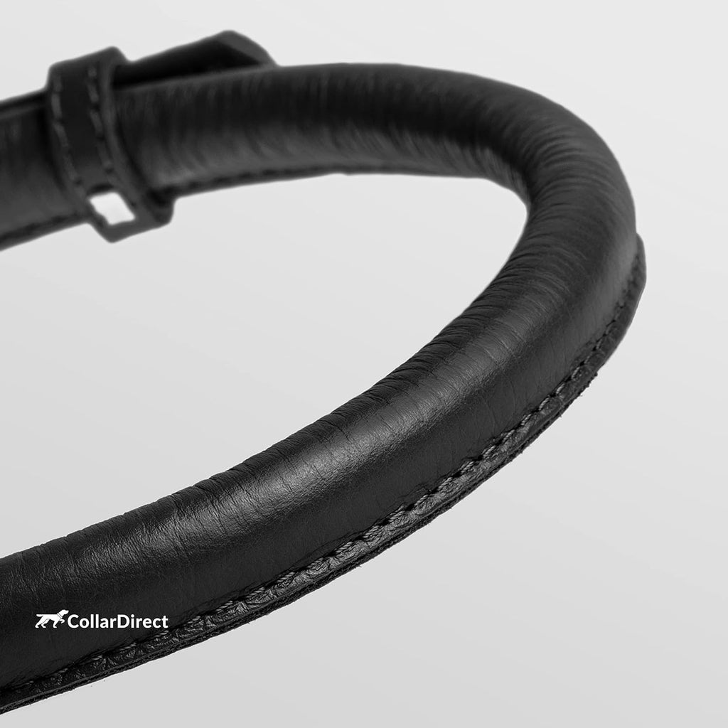 CollarDirect Rolled Leather Dog Collar, Soft Padded Round Puppy Collar, Handmade Genuine Leather Collar Dog Small Large Cat Collars 13 Colors (11-14 Inch, Black Textured)