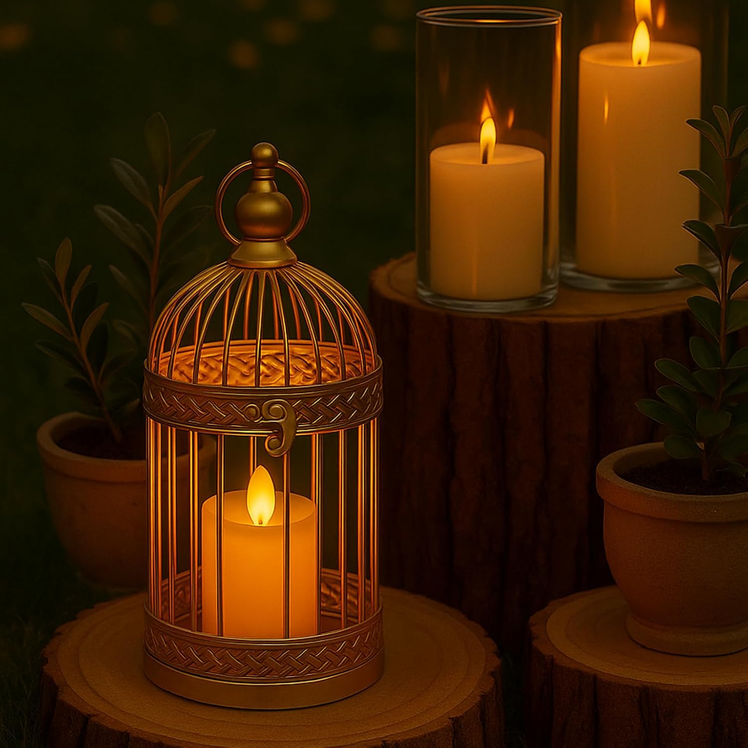 VELA LANTERNS Birdcage Decor Candle Holder Lantern Decorative Wedding Table Centerpiece Decorations, 10" and 6" Tall, Gold, Set of 2