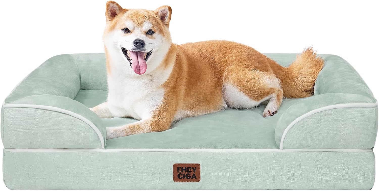 EHEYCIGA Orthopedic Large Dog Bed, Waterproof Memory Foam, Non-Slip Bottom, Sage Green, 35"L x 22"W x 6.5"Th