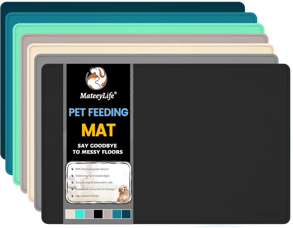 MateeyLife Dog & Cat Food Mat for Floors Waterproof, Nonslip Dog Bowl Mats for Food and Water, Dog Feeding Mats with Raised Edges, Silicone Cat & Dog Water Matt Tray for Messy Drinkers, 18"x12", Black