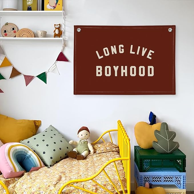 Long Live Boyhood Boys Room Decor - Linen Banner Wall Hanging Canvas Banner Flag Decor for Toddler Boy Room Nursery Playroom - Dull Red