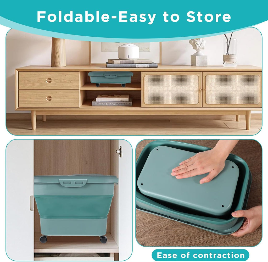 Collapsible Cat Litter Storage Bin Container with Airtight Lids, Portable Cat Litter Storage Container with Wheels, Kitchen Cereal Rice Leakproof Sealable