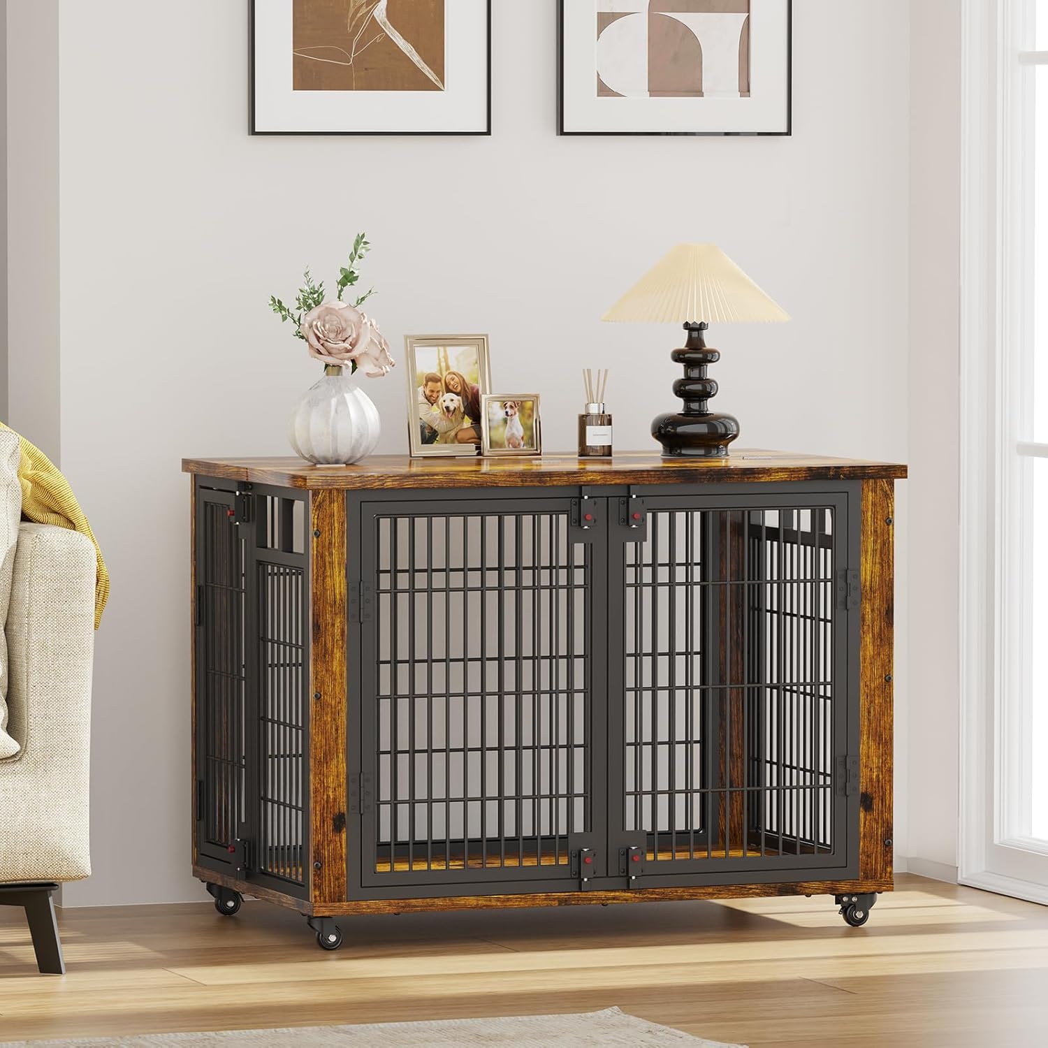 EasyCom 90% Pre-Assembled 33" Small and Meidum Dog Kennel Indoor Furniture, Wooden Dog Crate Furniture with Top-Access Teasing/Feeding Doors, for Medium and Small Breed, with Wheels Moveable