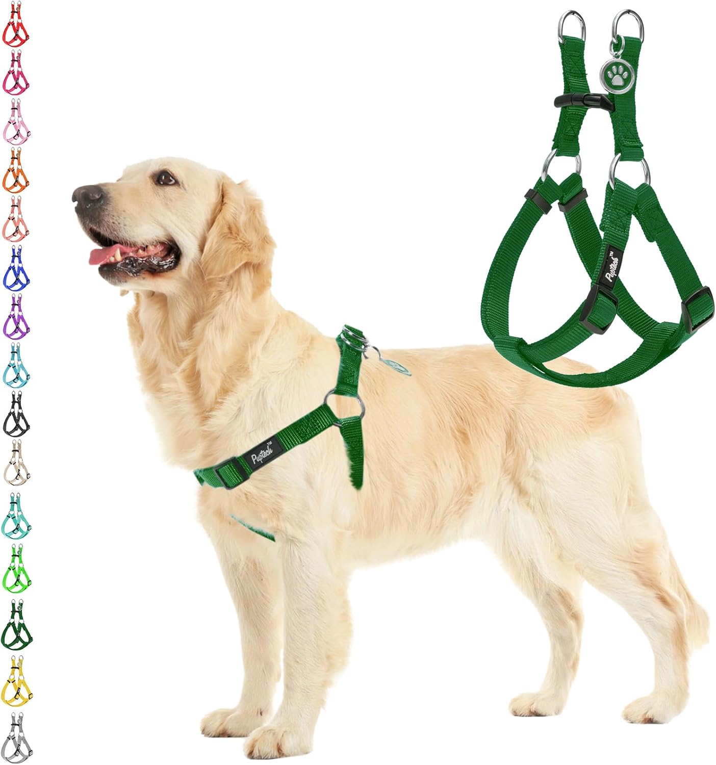 PUPTECK No Pull Dog Harness Soft Adjustable Basic Nylon Step in Puppy Vest Outdoor Walking with ID Tag, Blackish Green, M