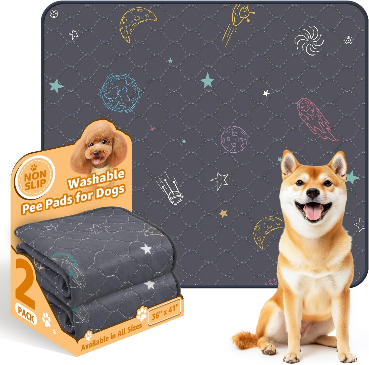 LOOBANI Pee Pads for Dogs Washable: Reusable Dog Pee Pads for Medium Pet, 2 Pack Waterproof Puppy Whelping Pads 36" x 41", Non-Slip Potty Training Mat for Dog Playpen, Floor, Cage, Sofa, Crate, Grey