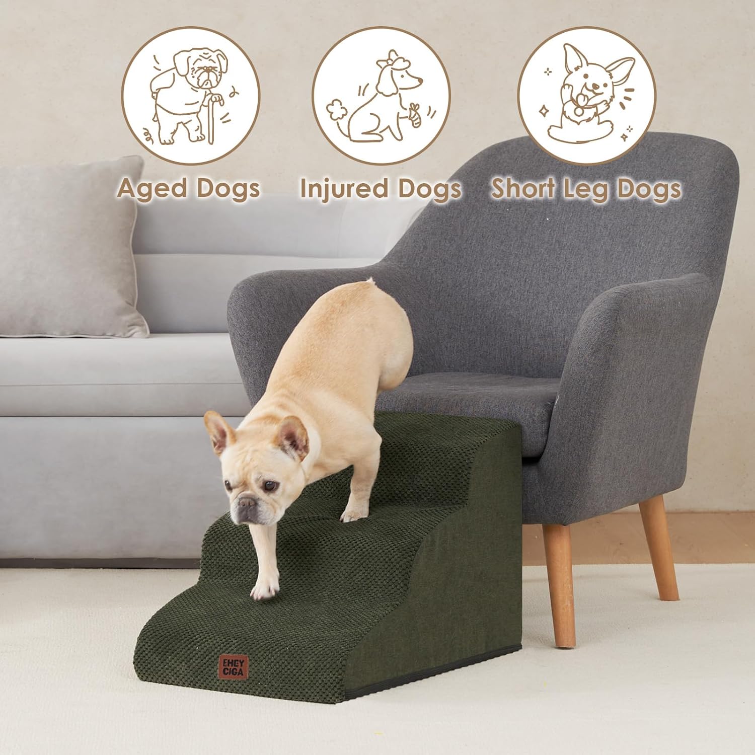 EHEYCIGA Curved Dog Stairs Ramp for Small Dogs 15.7" H, 3-Step Dog Steps for Couch Sofa and Chair, Pet Stairs for Cats, Non-Slip Balanced Pet Steps Indoor, Olive Green