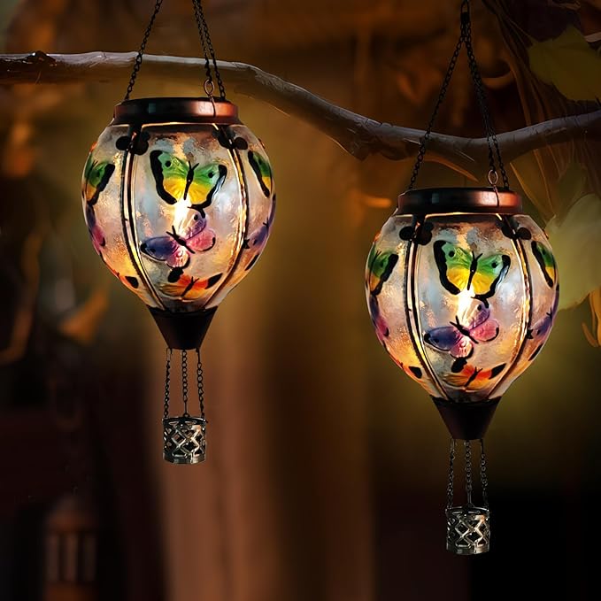 Glass Solar Hot Air Balloon Lantern with Flame Hanging Garden Flickering Light Outdoor Waterproof for Yard Patio Tree Mother's Day Gift, Butterfly
