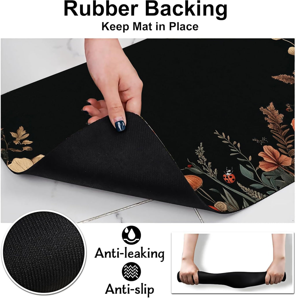 Vintage Mushroom Flower Pet Cat Dog Food Mat-Absorbent Quick Dry Feeding Placemat for Water and Food, No Stains Rubber Base Mat for Indoor Use, Pet Accessories 12"x20"