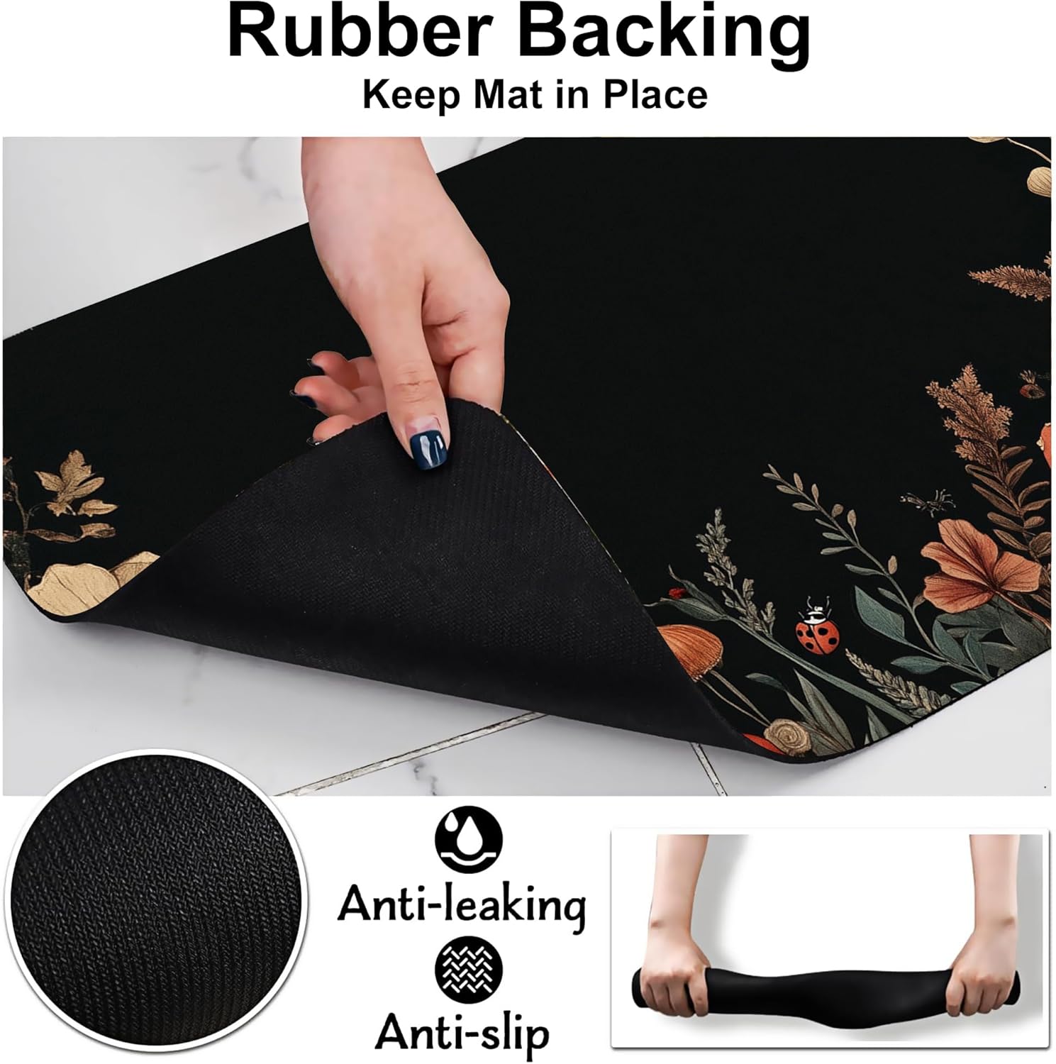 Vintage Mushroom Flower Pet Cat Dog Food Mat-Absorbent Quick Dry Feeding Placemat for Water and Food, No Stains Rubber Base Mat for Indoor Use, Pet Accessories 12"x20"