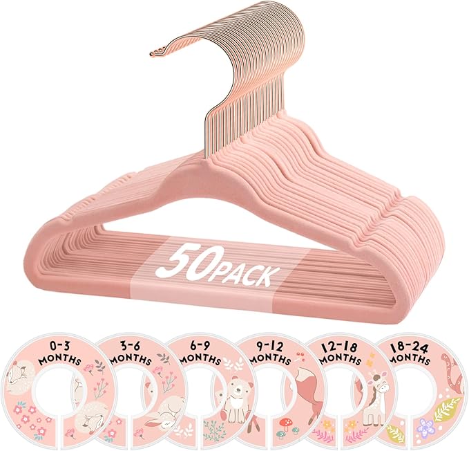 VIS'V Baby Hangers, 11 Inch Velvet Kids Hangers with 6 Pcs Clothes Size Dividers, Infant Toddler Nursery Closet Organization, Non Slip, Pink, 50 Pcs