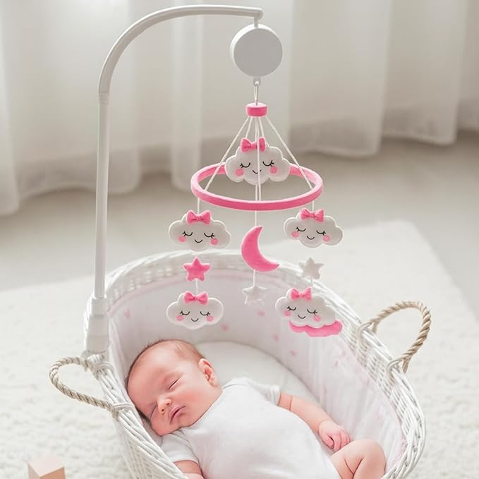 Baby Crib Mobile for Girls with Arm & Music Box | Pink Felt Clouds & Stars Design | Sensory & Soothing Nursery Decor for Baby Girls. Fits Most Cribs.