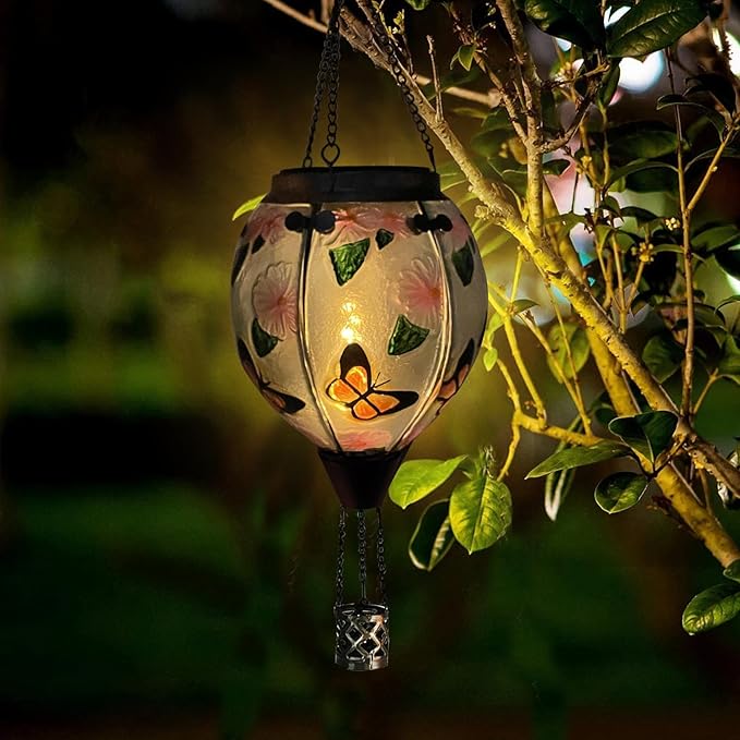 Hot Air Balloon Solar Lantern with Flickering Flame, Glass Hanging Garden Lights Outdoor Waterproof for Tree Yard Patio Mother's Day Gift, 18" H Butterfly