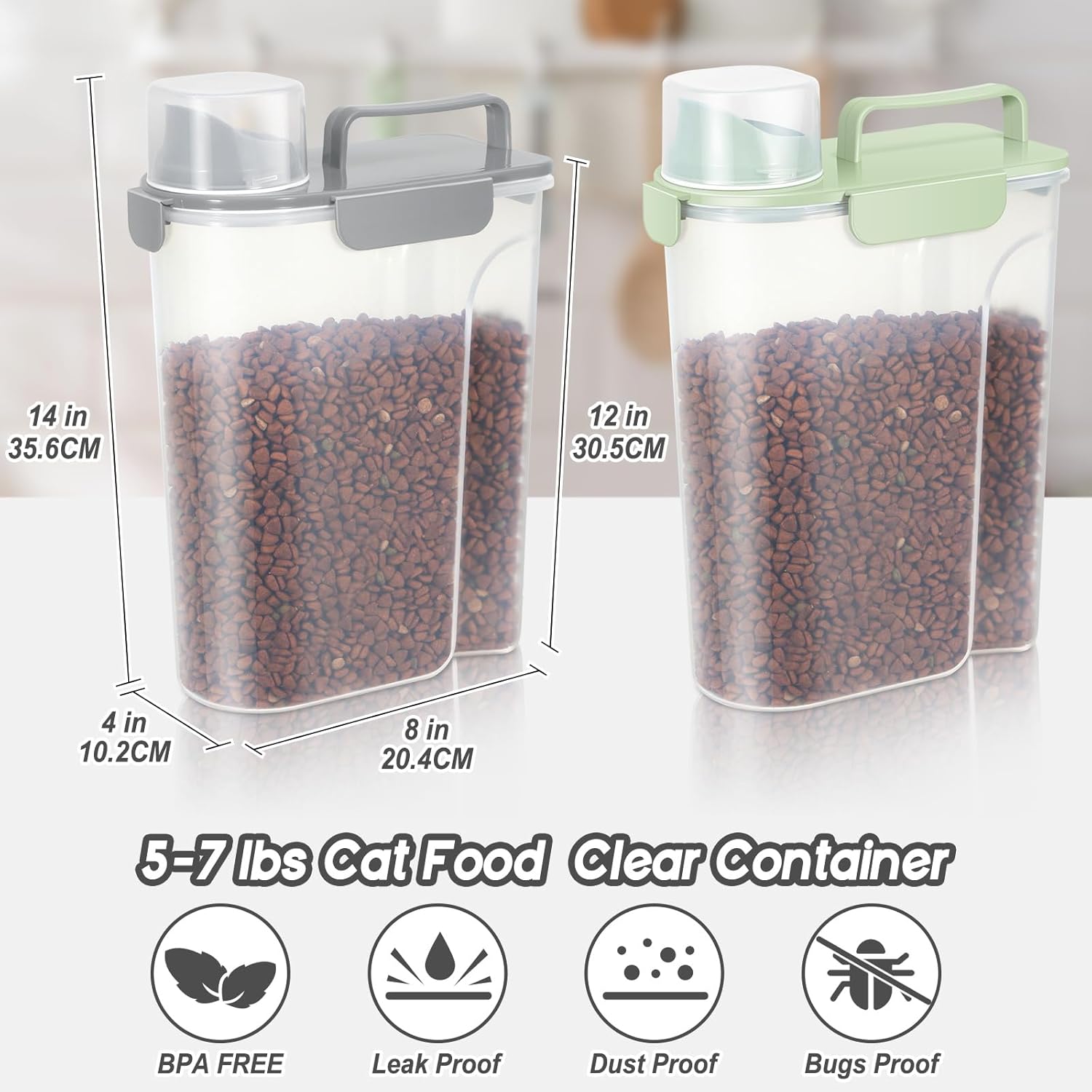 5-7Lbs Dog Cat Food Storage Container with Upgraded Large Nozzle BPA-free, 4 Snap Seals Plastic Pet Food Storage Containers with Handles (2, Light Green+Light Gray, 5L)