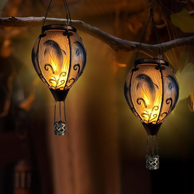 Glass Solar Hot Air Balloon Lantern with Flame Hanging Garden Flickering Light Outdoor Waterproof for Yard Patio Tree Mother's Day Gift, Dolphin