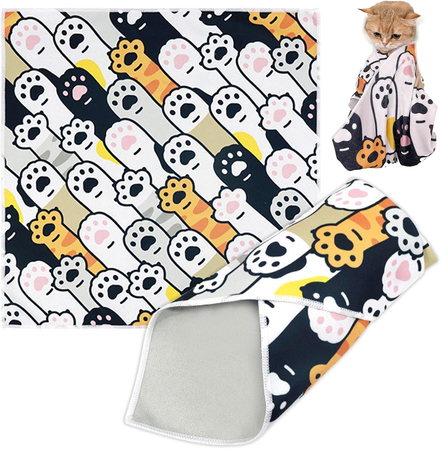 Cat Grooming Wrap, Cat Wrap Self-Adherent, Anti-Scratch Anti-Bite, Anti-Escape Grooming Bag for Cats Nail Clipping, Ear Cleaning, and Teeth Brushing (27.6 × 27.6" Paw Prints)