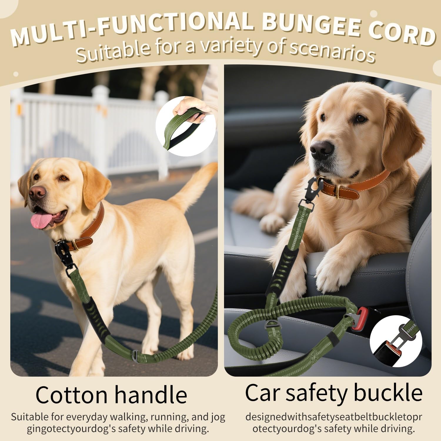 Heavy Duty Tactical Bungee Dog Leash, 4-6FT Shock Absorbing Tactical Dog Leash with 2 Padded Handles, Metal Carabiner Clip, Car Seatbelt, Reflective for Medium Large Dogs (ArmyGreen)