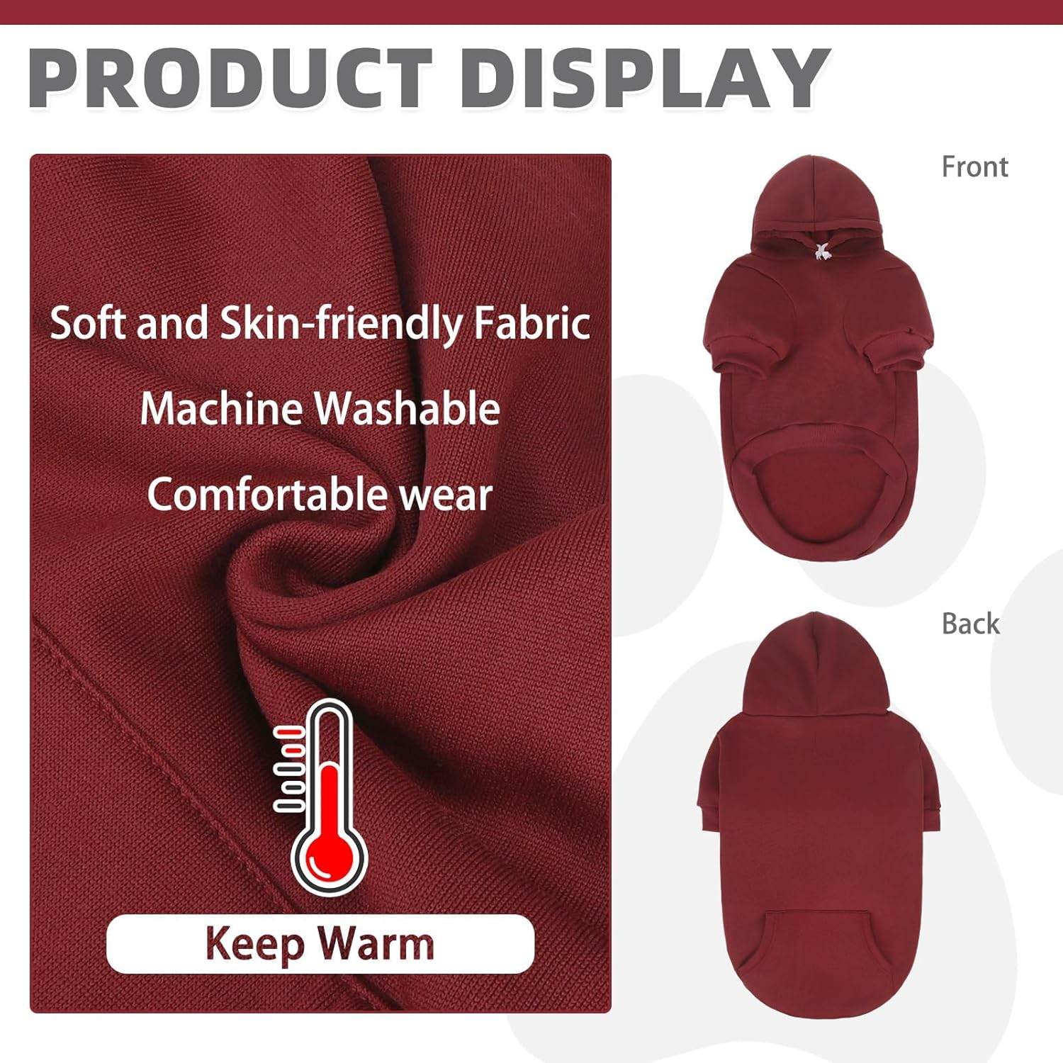 KOOLTAIL Basic Dog Hoodie - Soft and Warm Dog Hoodie Sweater with Leash Hole and Pocket, Dog Winter Coat, Cold Weather Clothes Sweatshirt for Small Medium Large Dogs Puppy Cat Boys Girls Deep Red L