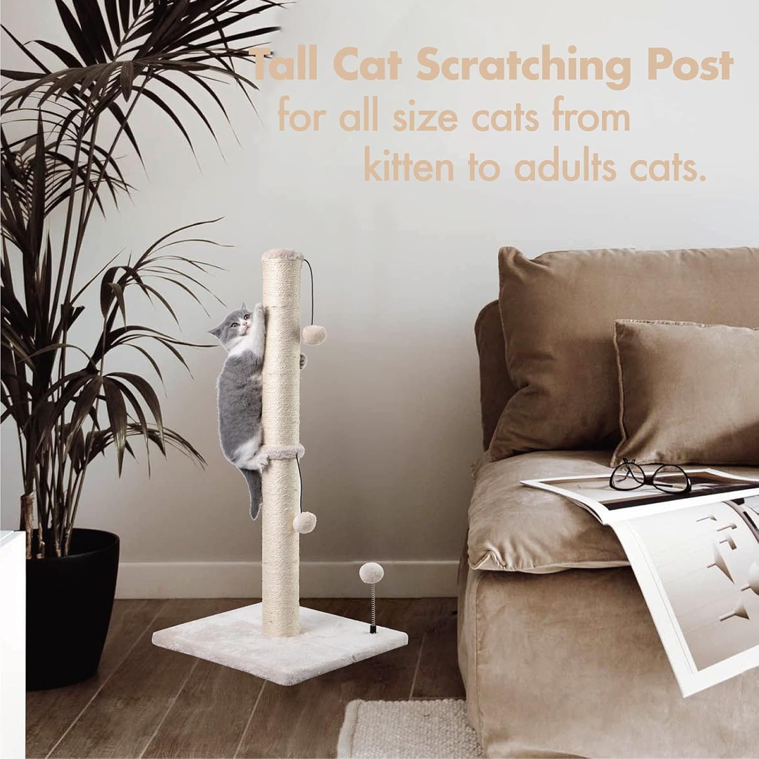 MECOOL 34” Tall Cat Scratching Post Premium Basics Kitten Scratcher Sisal Scratch Posts Trees with Hanging Ball for Indoor Cats, Beige