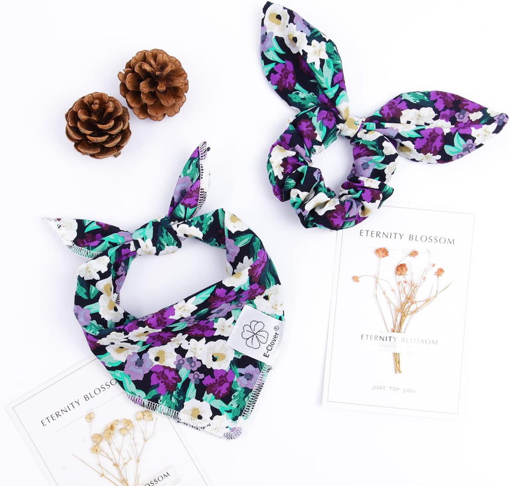 E-Clover Dog Bandanas & Matching Scrunchie Set Dog Bandana Scarf Bibs Washable Kerchief for Small Dogs Puppy & Pet Owner Purple Halloween Accessories