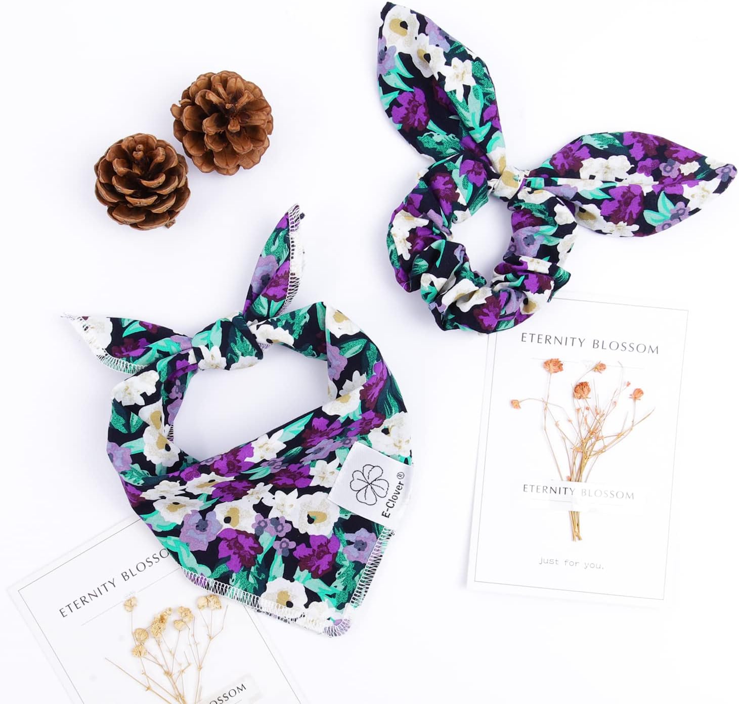 E-Clover Dog Bandanas & Matching Scrunchie Set Dog Bandana Scarf Bibs Washable Kerchief for Small Dogs Puppy & Pet Owner Purple Halloween Accessories