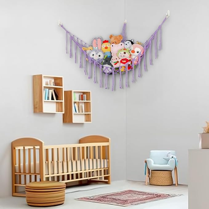 Stuffed Animal Hammock Corner, Hand-knitted Large Plushie Net Toy Hammock with Wooden Rings | Boho Cute Stuff Animal Storage for Nursery & Bedroom | Mesh Kids Toy Organizer Holder Nursery Room Decor