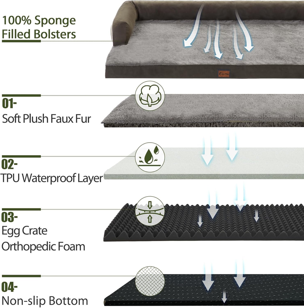 XXL Dogs Bed with Bolsters, Waterproof Dog Beds for Extra Large Dogs, Memory Foam Orthopedic Dog Bed with Removable Washable Cover, Nonskid Bottom (XX-Large, Dark Green)