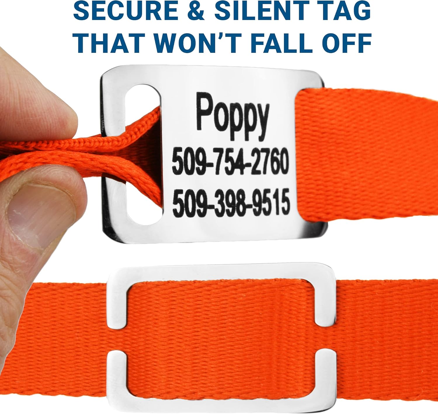 GoTags Personalized Dog Collar with Nameplate, Adjustable Dog Collar with Custom Engraved Slide On Pet ID Tag in Stainless Steel, Silent, No Noise Dog Tag for Large Medium and Small (Orange, Medium)