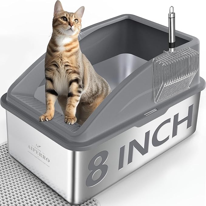 AIPERRO Stainless Steel Litter Box | XXL Deepened 8" Design Enclosed Box by AIPERRO
