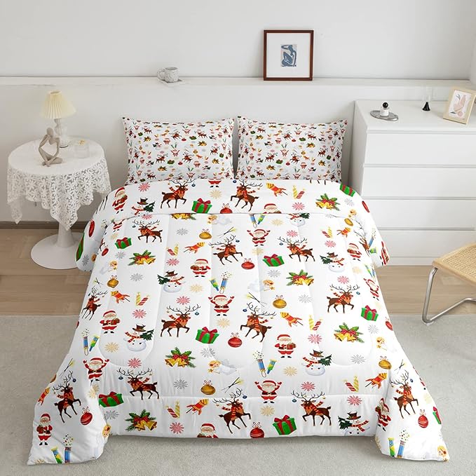 Feelyou Christmas Kids Comforter Set Cute Snowman Santa Claus Bedding Set Boys Girls Cute Reindeer Bells Cartoon Design Quilt Collection 3Pcs King Size