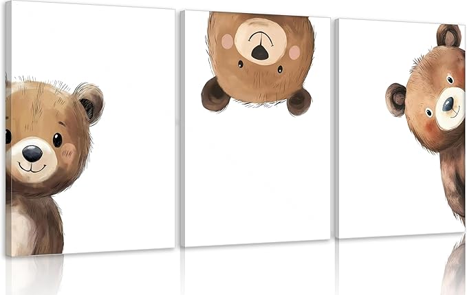 3Pcs Baby Teddy Bear Nursery Wall Art Peeking Bear Pictures Wall Decor Peekaboo Kids Room Decor Woodland Animal Posters Neutral Nursery Painting Canvas Print Artwork for Children's Baby Room Bedroom