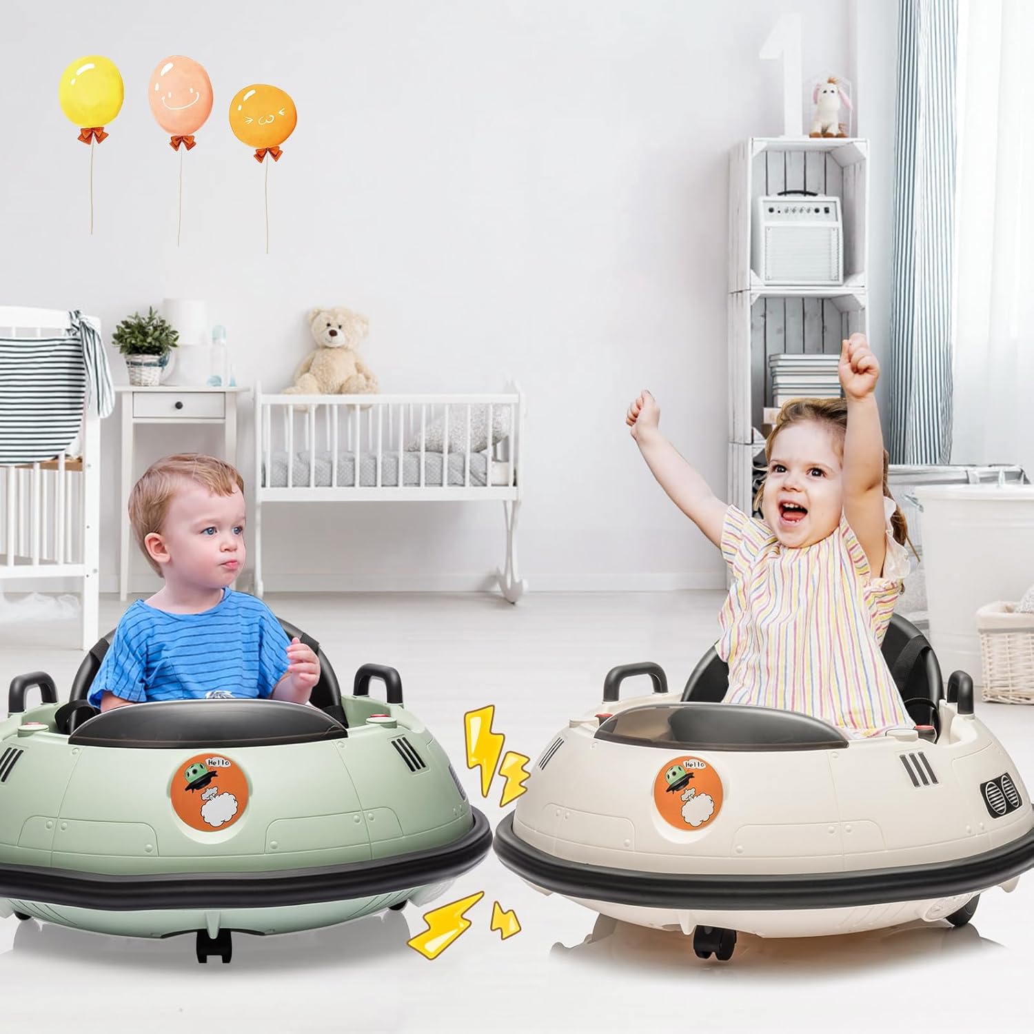 12V Electric Ride on Bumper Car for Toddlers, Kids Bumper Car with Remote Control, 360 Degree Spin, LED Lights, Dual Joysticks, Safety Belt for 18+ Months Kids, White