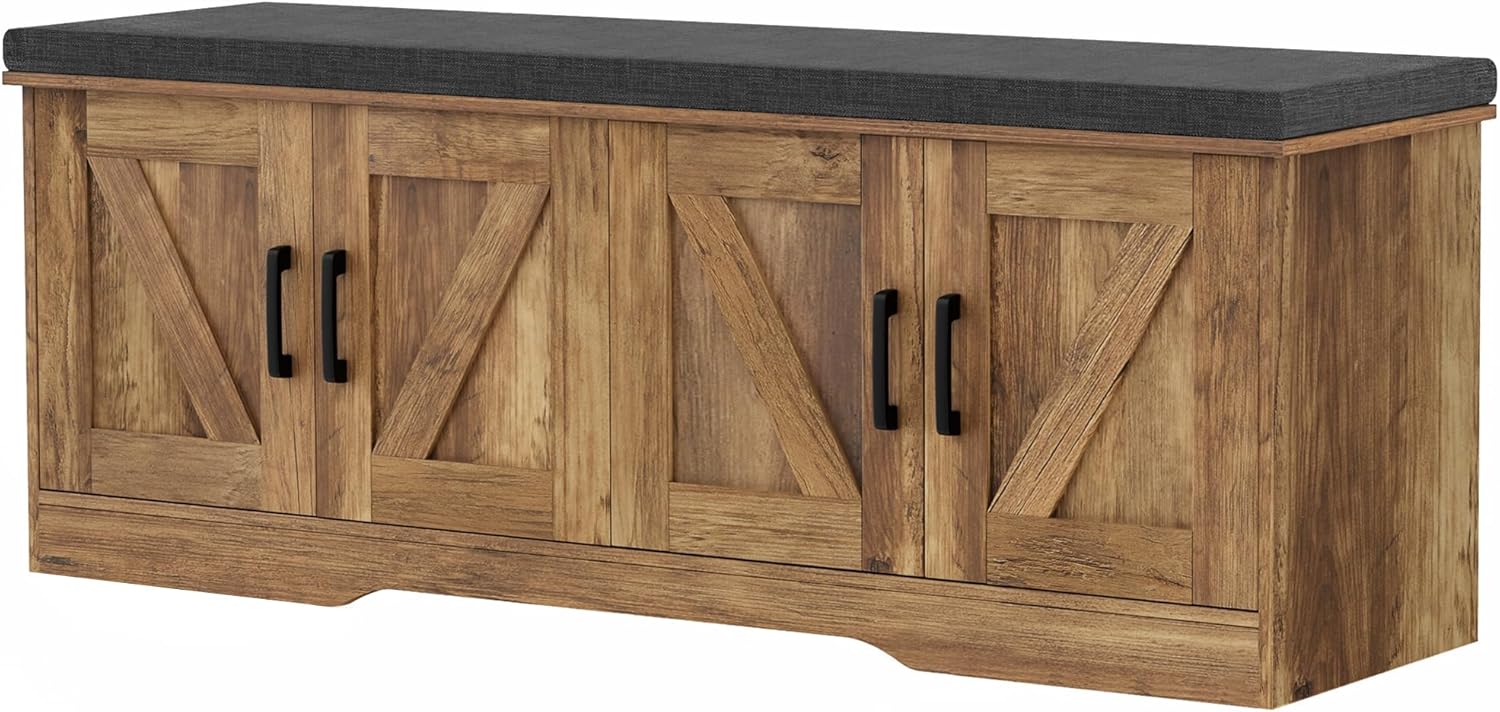 2-Tier Storage Bench, Shoe Bench with Padded Seat Cushion, Entryway Bench with 4 Barn Doors, Adjustable Shelf, 13.8" D x 47.2" W x 17.7" H, for Entryway, Living Room, Bedroom, Rustic Walnut