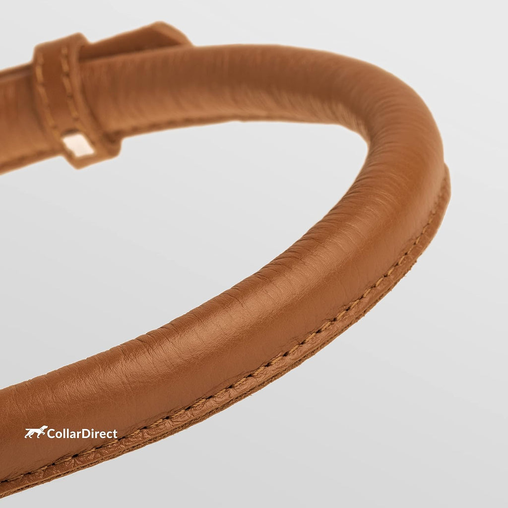 CollarDirect Rolled Leather Dog Collar, Soft Padded Round Puppy Collar, Handmade Genuine Leather Collar Dog Small Large Cat Collars 13 Colors (13-16 Inch, Cinnamon Textured)