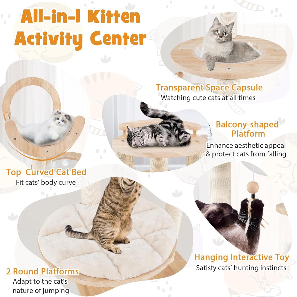 Tangkula Solid Wood Cat Tree, 4-in-1 Building Block Large Cat Tower with Space Capsule Nest, Scratching Posts, Padded Platform, Hanging Toy, Cat Tree Tower with 4 Transformations for Indoor Cats