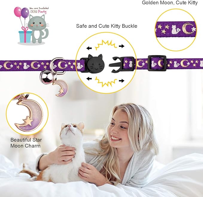 4PCS Cat Collar with Bells, Breakaway Cat Collars, Moons Stars Cute Kitty - Image 3