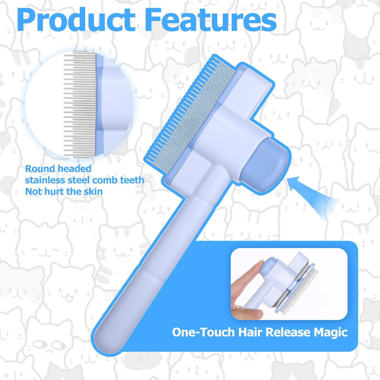 Zen Brush for Cats: Cat Flea Comb & Dematting Comb for Cats - Self-Cleaning Pet Hair Removal Tool with Long & Short Stainless Steel Teeth, Blue Pink