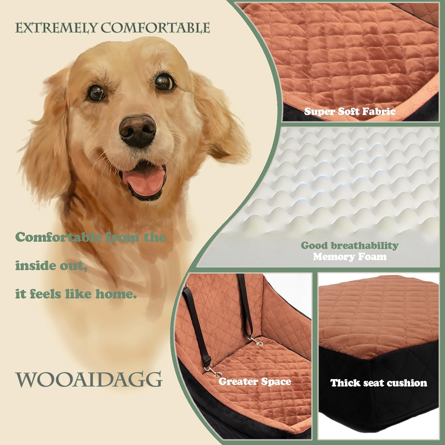 Dog Car Seat for Medium Sized Dog,Pet Travel Car Bed with Seat Belt Channle,Fully Detachable and Washable Car Dog Seat with Adjustable Straps,3 Straps Easy to Install (Black/Brown)