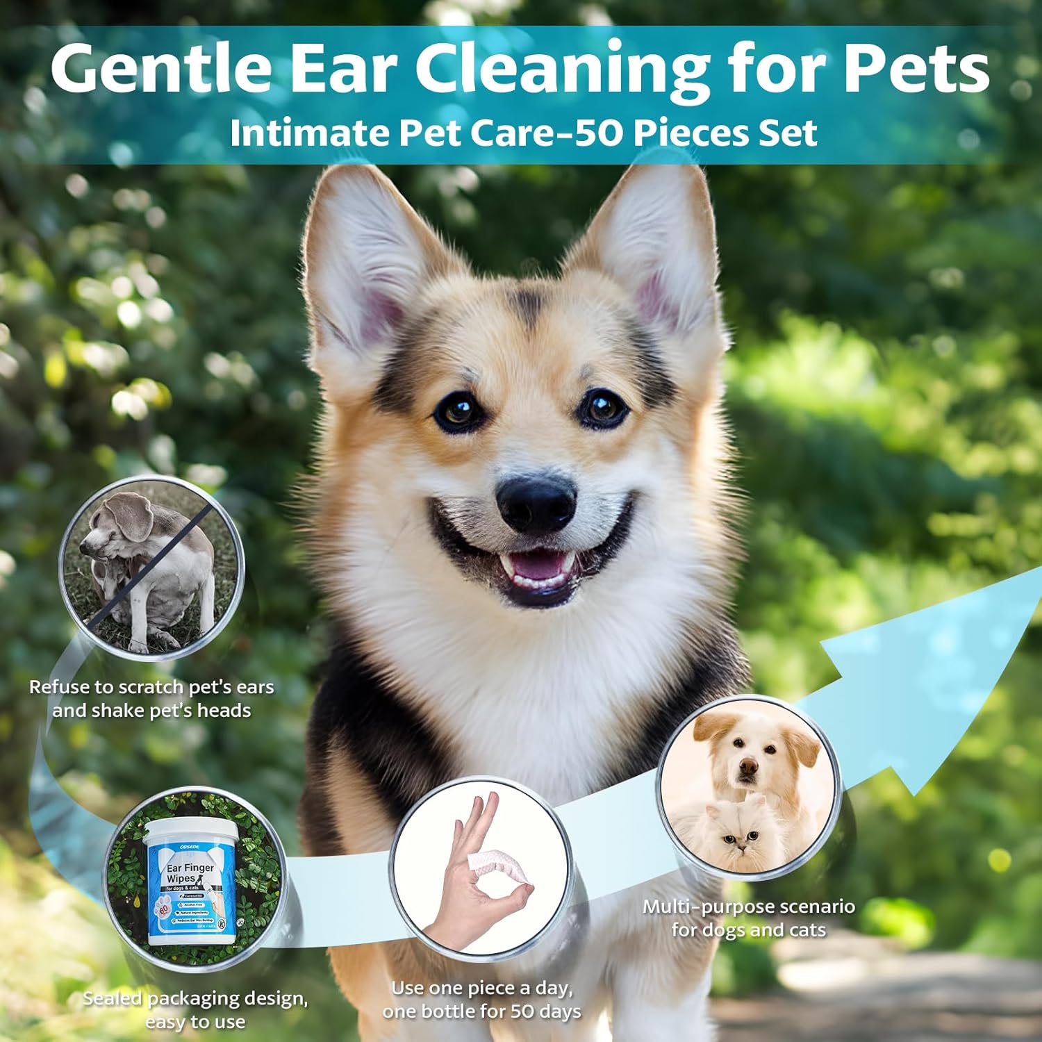 OBSEDE Extra Large 1.73" Dog Ear Wipes & Cat Ear Cleaner – Wider Finger Wipes for Quicker Easier Cleaning Soothes Itch Controls Odor Reduce Wax Regular Grooming Gentle Coconut Scent, 50 Count