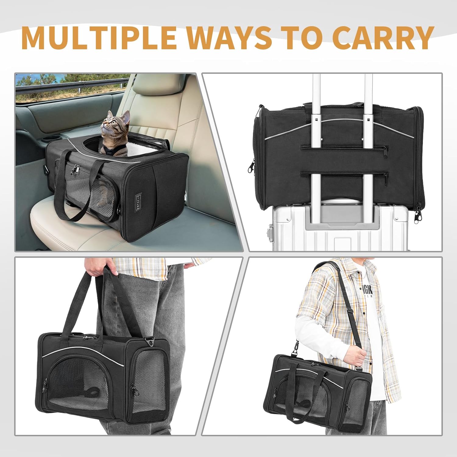 ‌Petsfit Airline Approved Pet Carrier for Small Cats, 16.5x8.6x11 TSA Approved Carrier, with Removable Dual-Sided Padding (2-Way Placement) - Fits Under Most Airplane Seats, Escape Proof (Black)