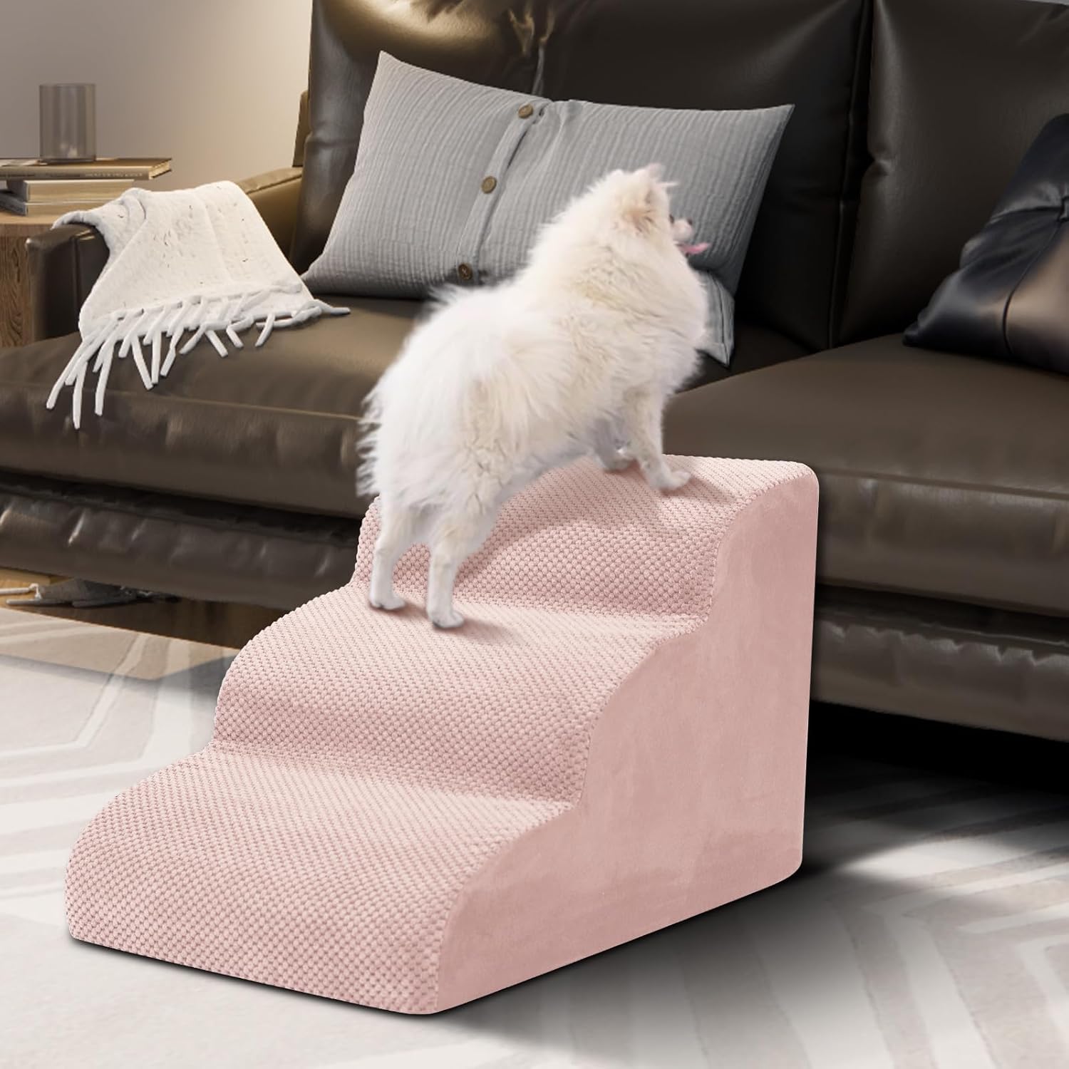 Dog Stairs for Small Dogs - High Density Foam Pet Steps, Extra Wide Dog Ramp with Non-Slip Bottom for High Beds, Couch and Sofa, Best for Dogs Injured, Older Doggy Cats,3 Steps, Pink
