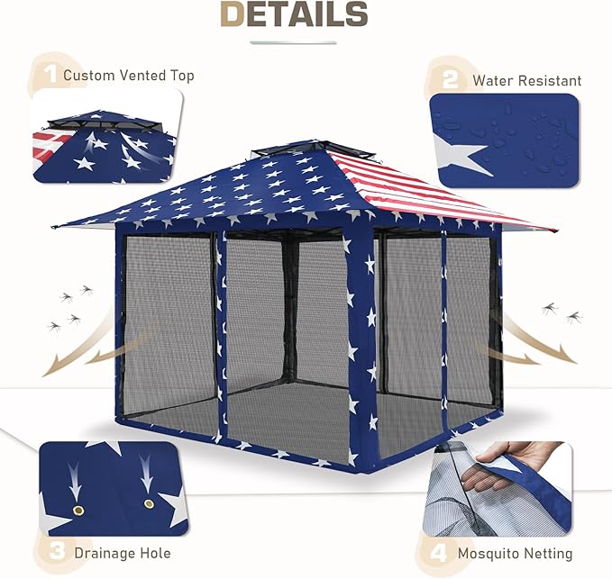 EAGLE PEAK 13x13 Pop Up Gazebo with Mesh Netting, Easy Up Screened Canopy for Patio and Backyard, Easy Set up Outdoor Gazebo (American Flag)